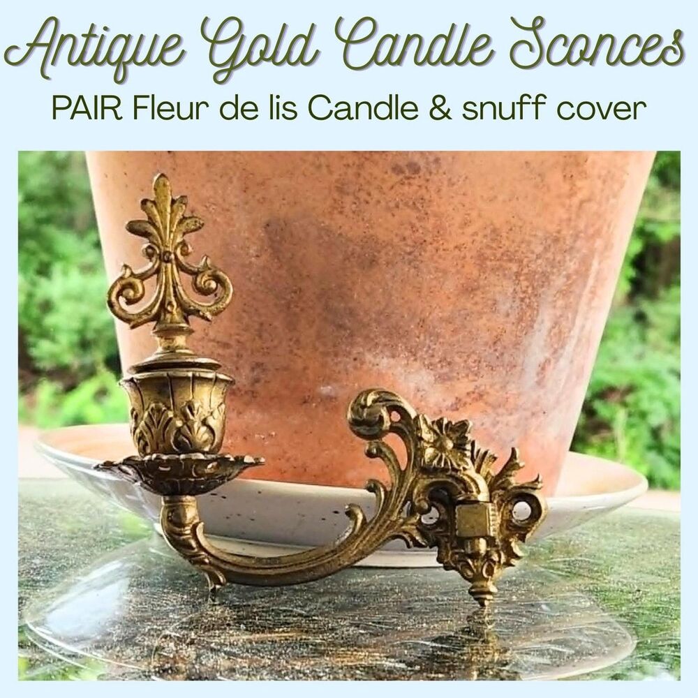 Candle Sconce Pair, 1850s French Ormolu Gilt Fleur de lis snuffers, Swivels